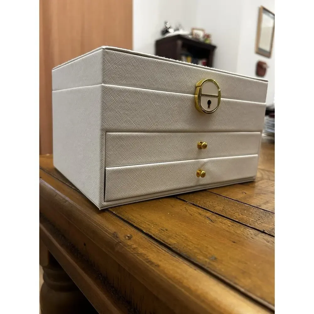 White Faux Leather Jewelry Box Organizer, Lockable 2-Drawer Velvet Lined